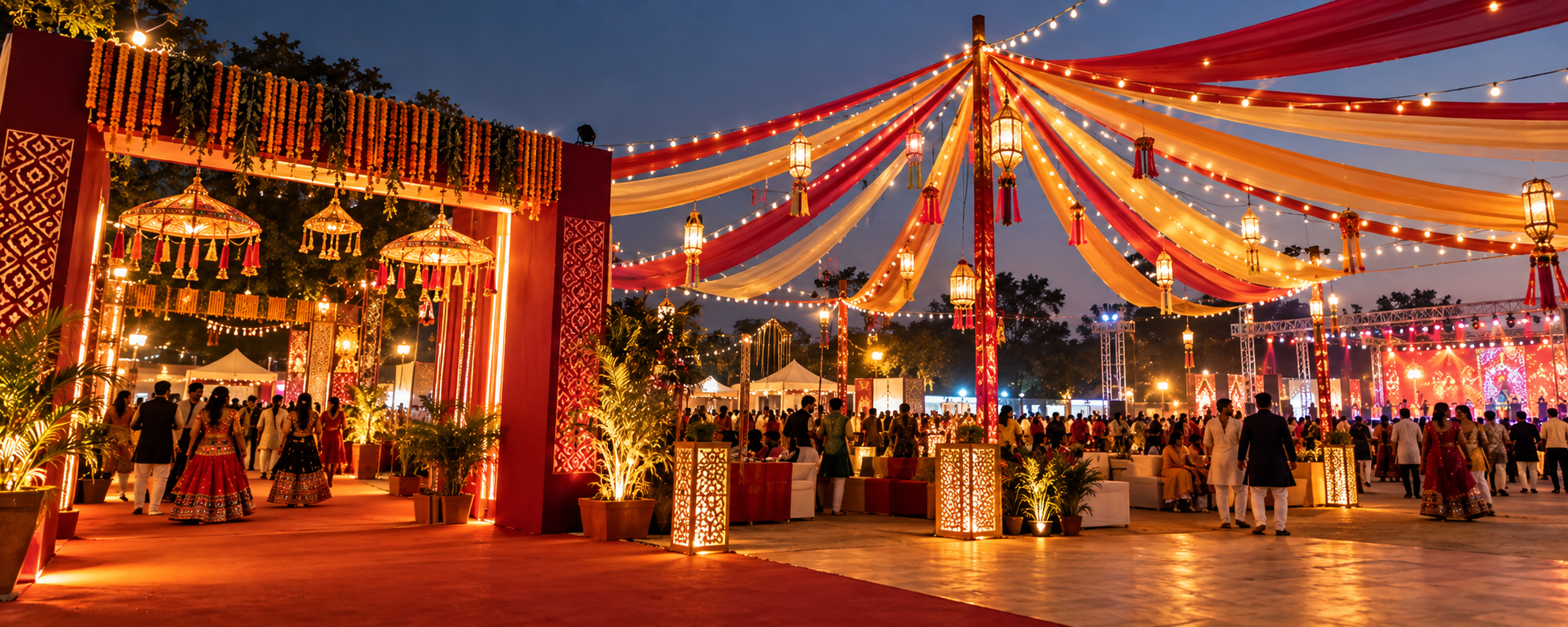 Illuminated Dandiya festival plaza with canopies and stage